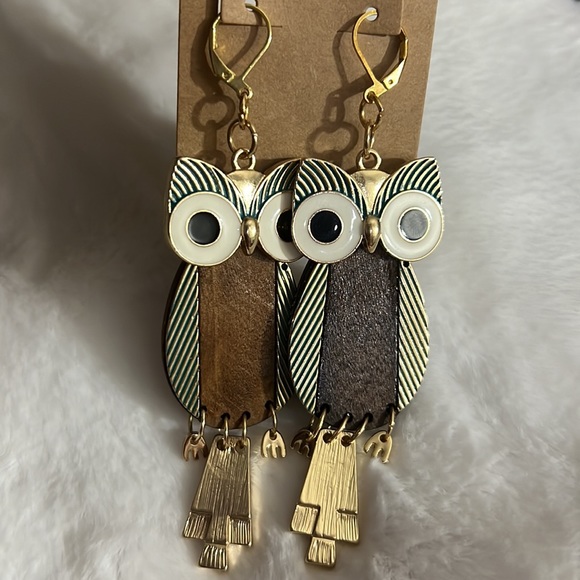 Owl wooden gold and teal handmade earrings, 18k gold plated leverback earrings - Picture 3 of 9